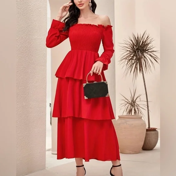 Red Off-Shoulder Tiered Maxi Dress – NWOT – Size L - Picture 2 of 6